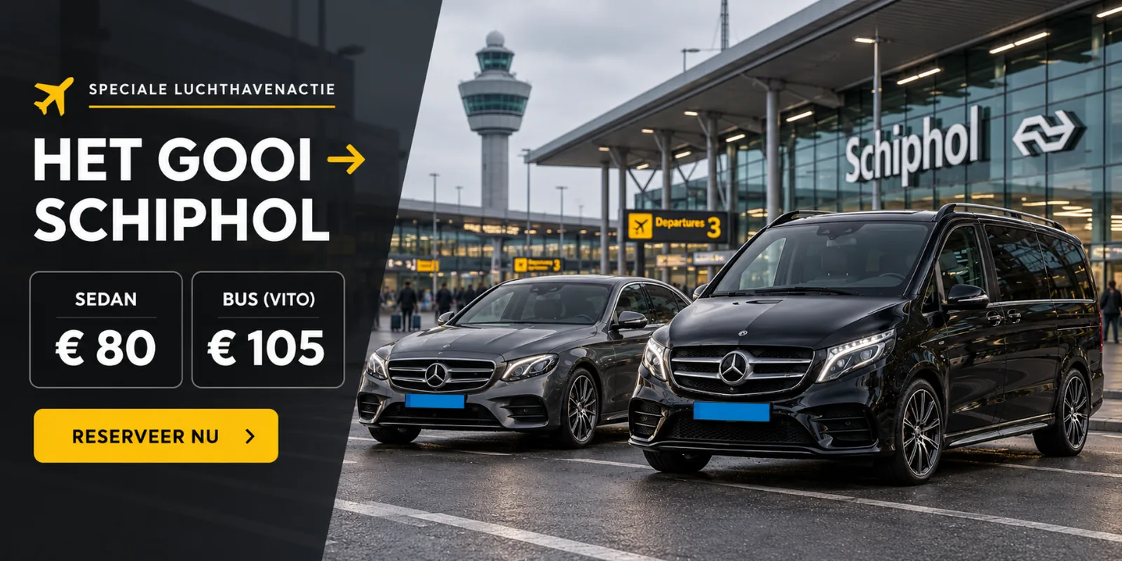 Speciale luchthavenactie: Het Gooi naar Schiphol. Sedan € 80, bus (Vito) € 105. Reserveer nu.