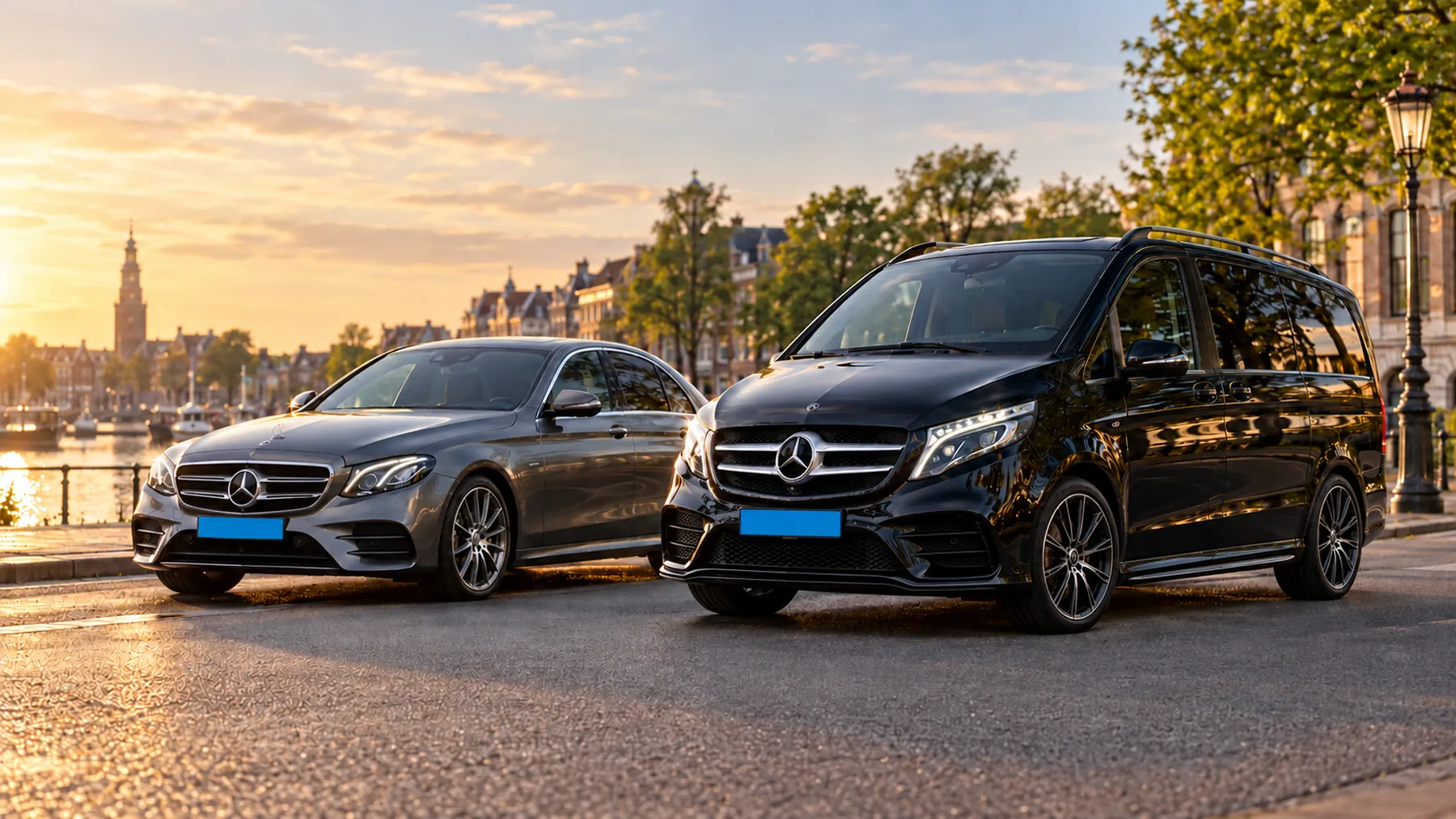Mercedes E-Klasse en V-Klasse van Taxi Centrale Gooiland aan de gracht